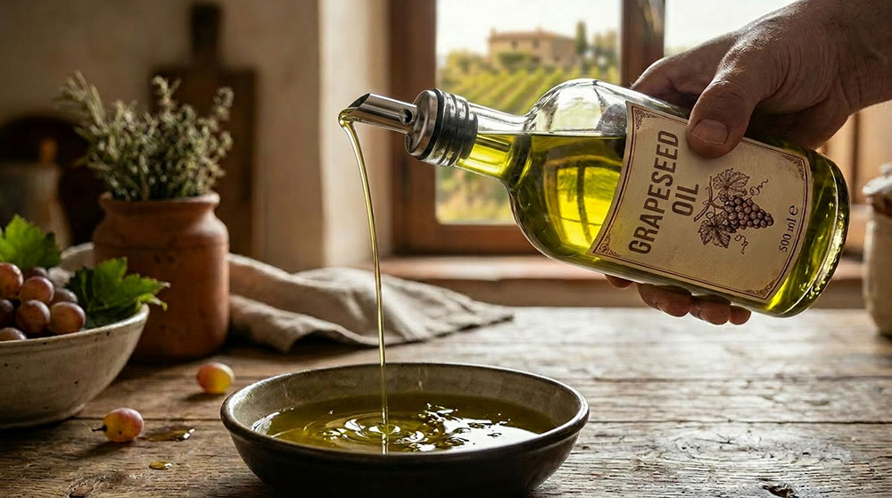 Olio di vinacciolo versato da una bottiglia in una ciotola