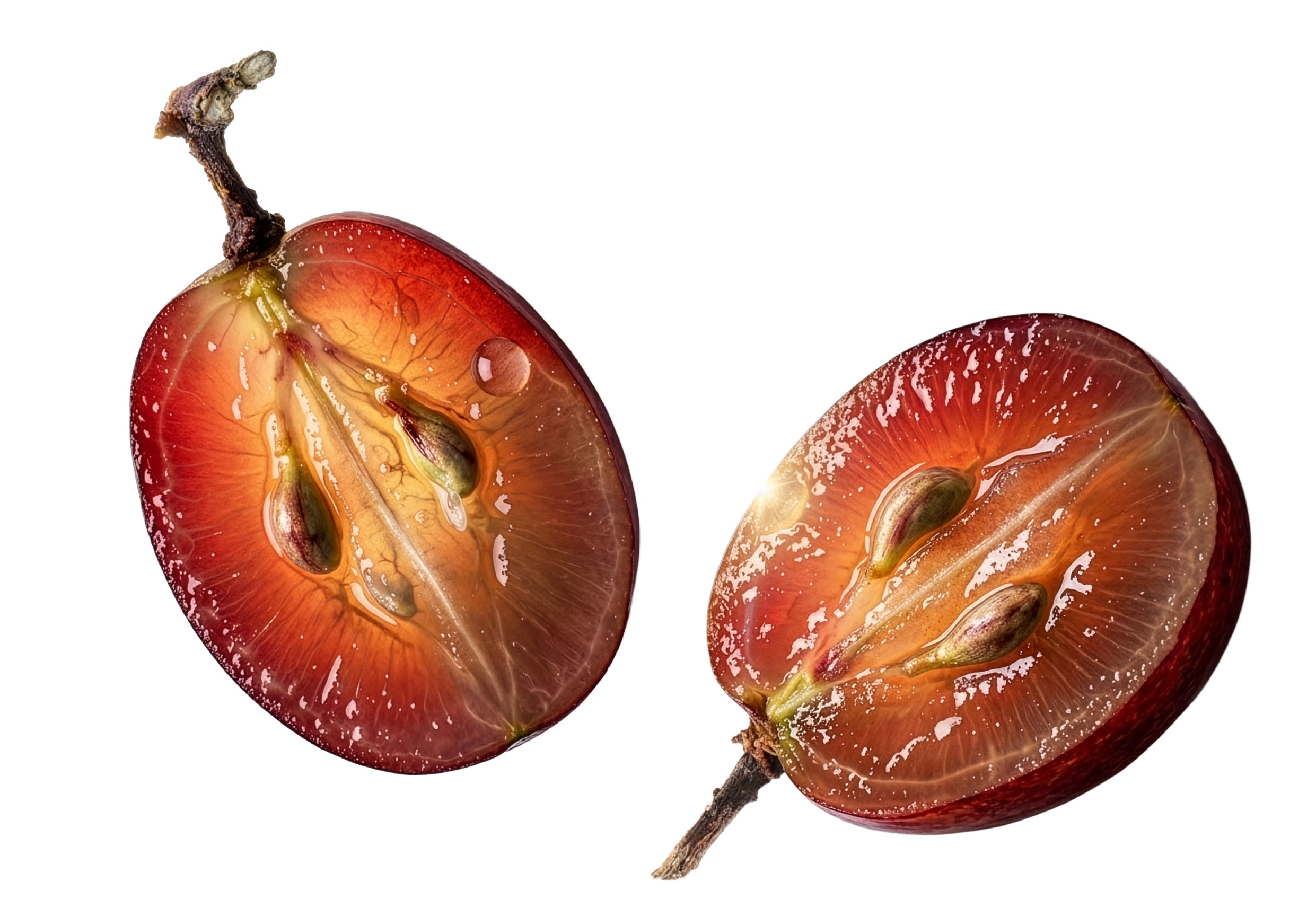 Acini d'uva rossa sezionati con i vinaccioli visibili